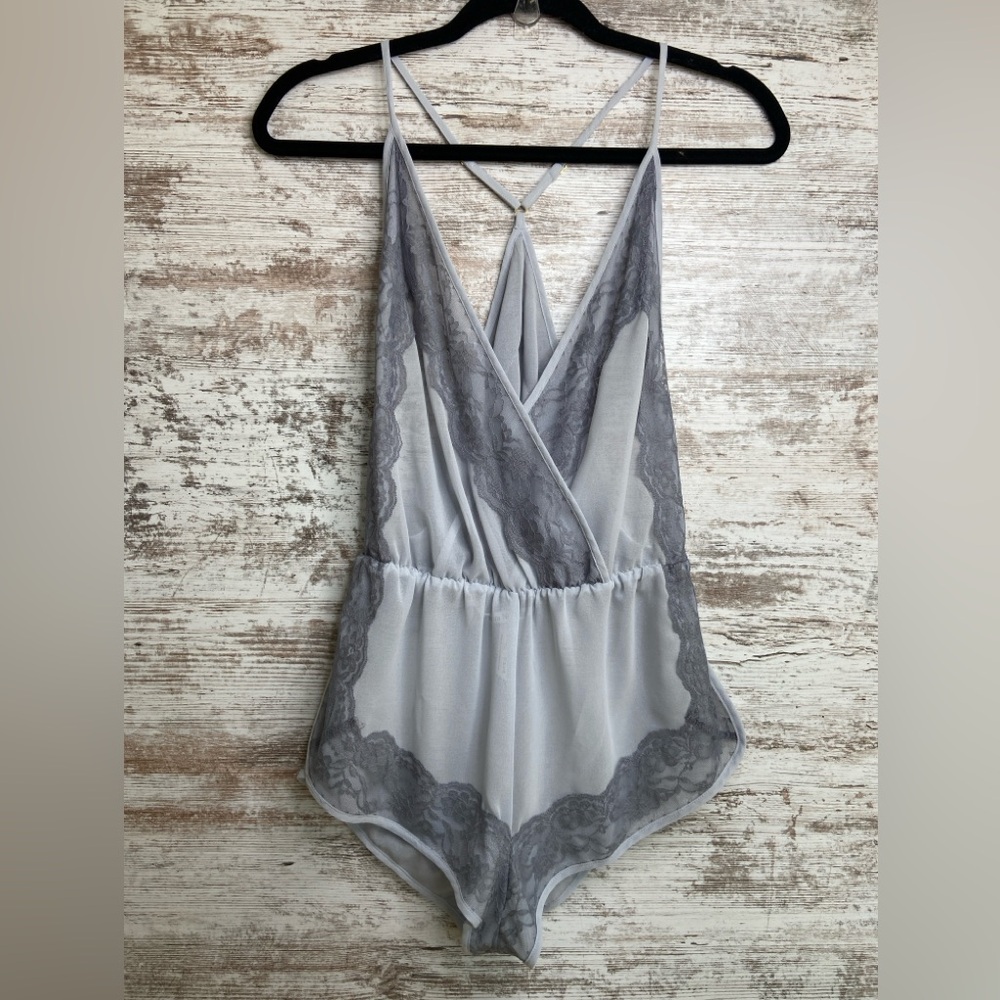 Flora Nikrooz Light Gray Lace Trim Romper Bodysuit